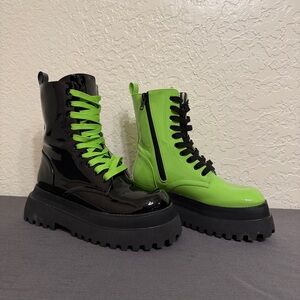 Dolls Kill Glossy Black and Vibrant Green Moto Boots